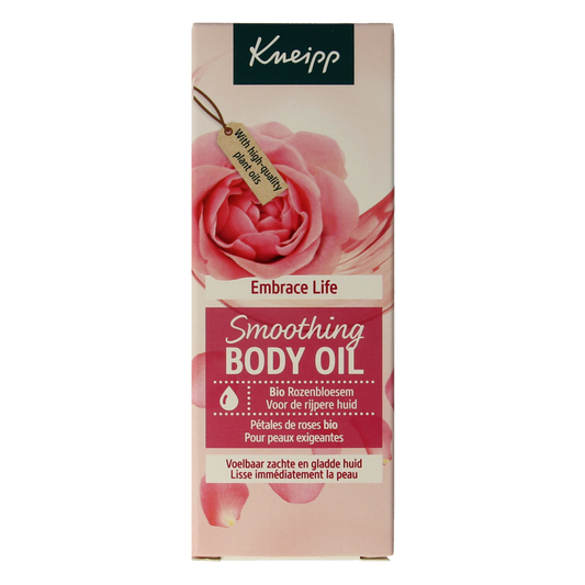 Kneipp Huidolie embrace life body oil bottle, 100ml, natural skincare product with nourishing ingredients, in a clear container.