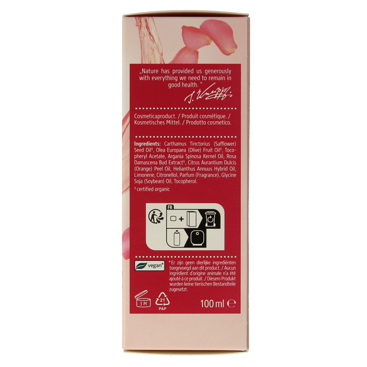 Kneipp Huidolie embrace life 100ml body care oil with a golden bottle and natural ingredients, designed for nourishing the skin.