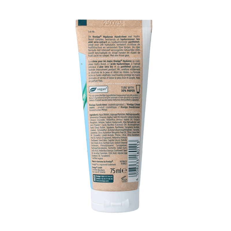 Kneipp hyaluron hand cream in a 75ml tube, moisturizing hand care with hyaluronic acid for soft, hydrated hands.