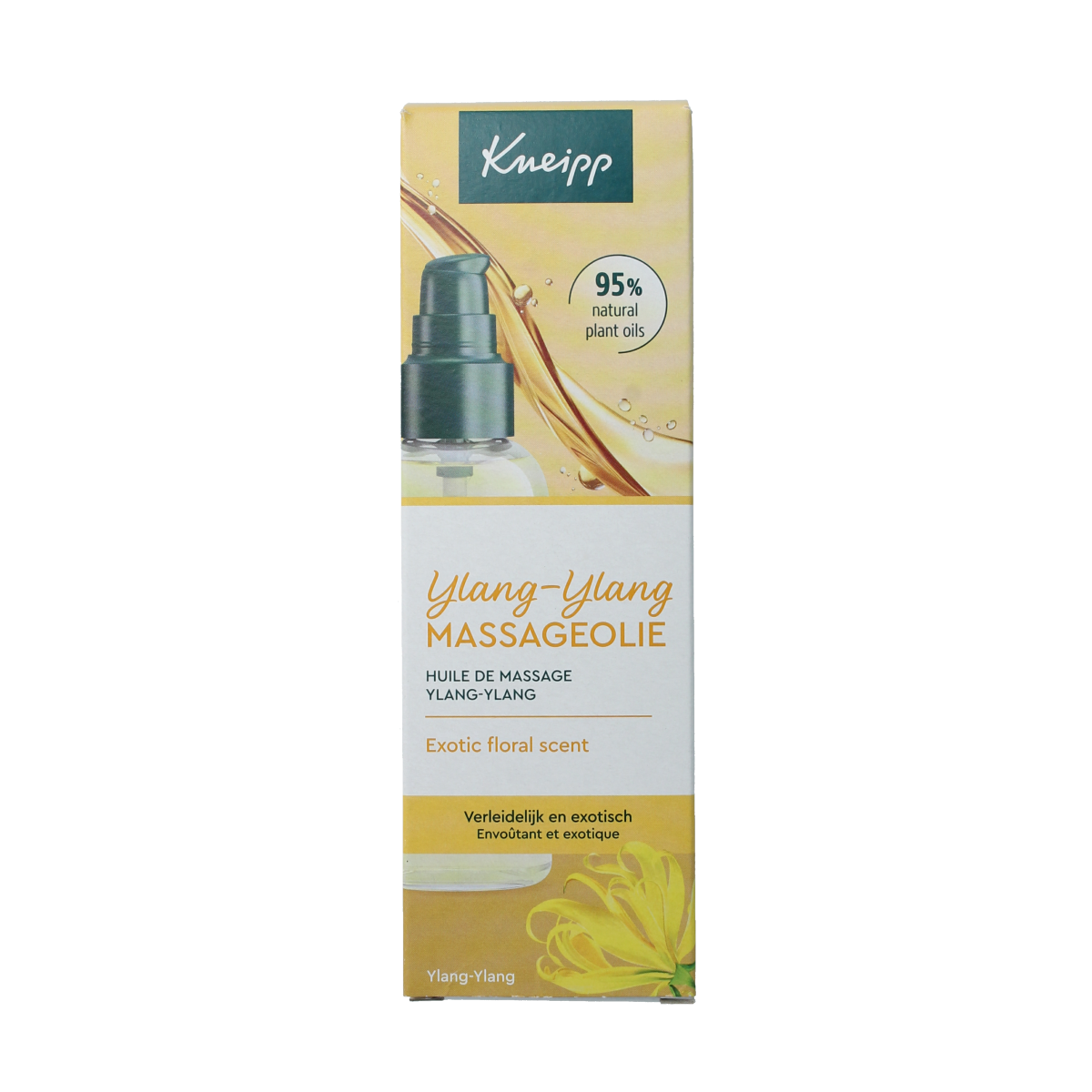 Kneipp ylang ylang massage oil in a 100ml bottle, natural body care product with a floral ylang ylang scent, shown in the image.