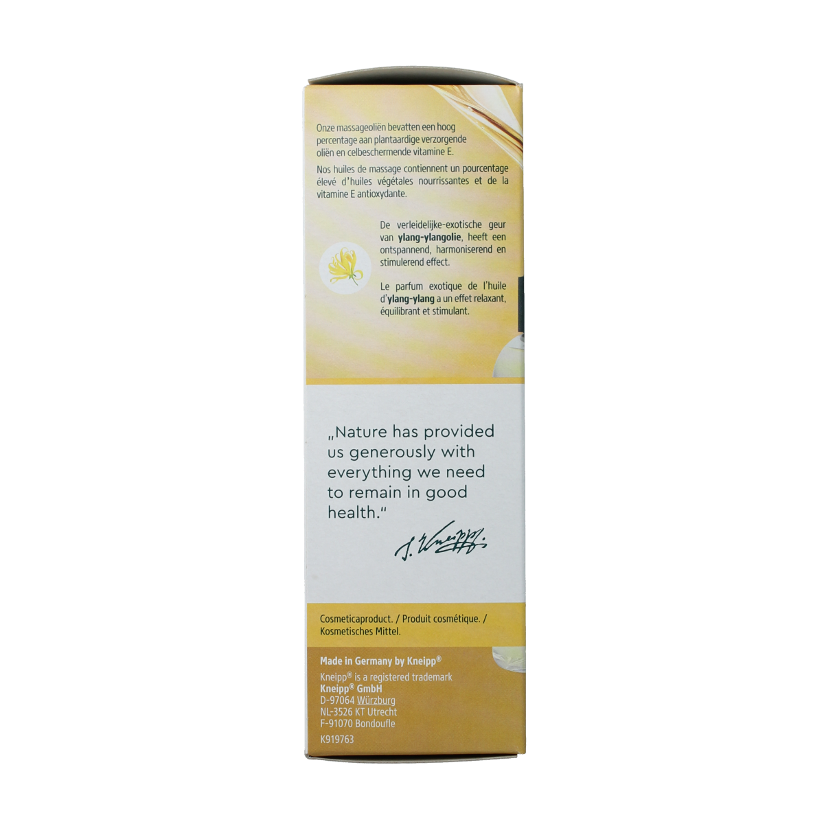 Kneipp ylang ylang massage oil bottle, 100ml, with a pump dispenser, used for body care and relaxation.
