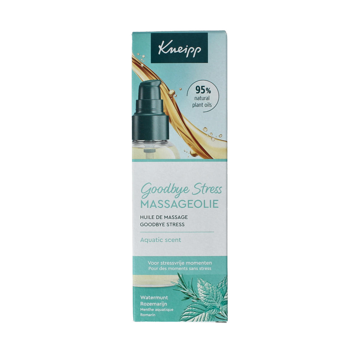 Kneipp Goodbye Stress massage oil in 100ml bottle, natural body care product with calming herbal ingredients.