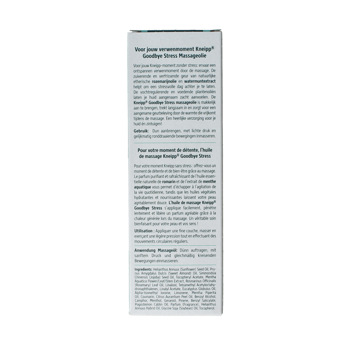 Kneipp Goodbye Stress massage oil in a 100ml bottle, natural body care product with calming ingredients, shown in a close-up image.