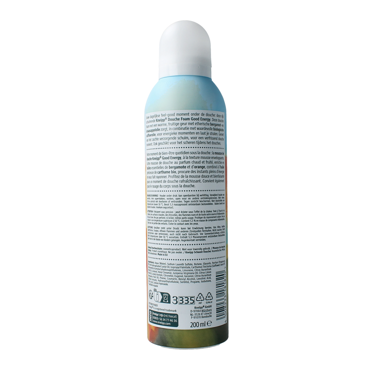 Kneipp Good Energy Douchefoam bottle, 200ml, a refreshing body wash with energizing scent and creamy foam.