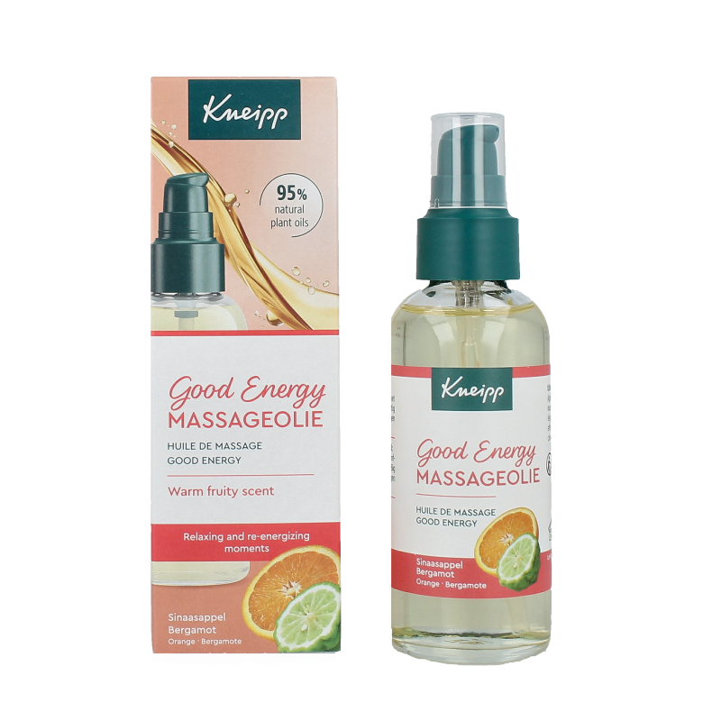 Kneipp Good Energy massage oil in a 100ml bottle, natural body care product for revitalizing massage sessions.