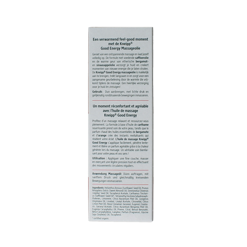 Kneipp Good Energy massage oil in a 100ml bottle, natural body care product with aromatic herbal ingredients.