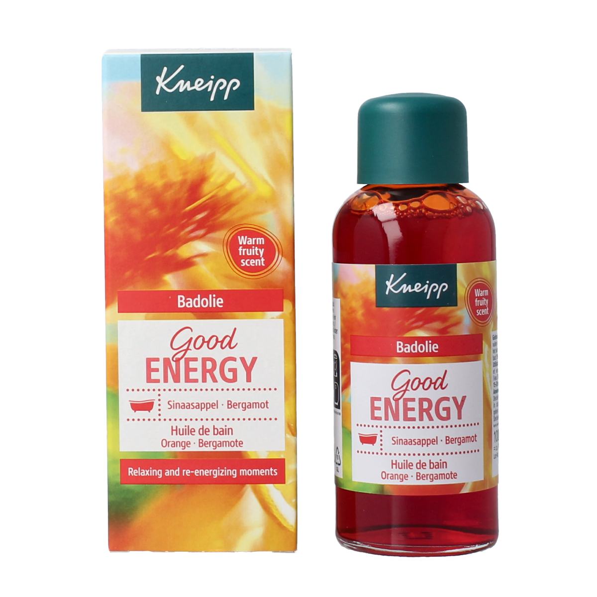 Kneipp Good Energy bath and shower oil bottle, 100ml, with natural ingredients and vibrant labeling for invigorating bath experience.