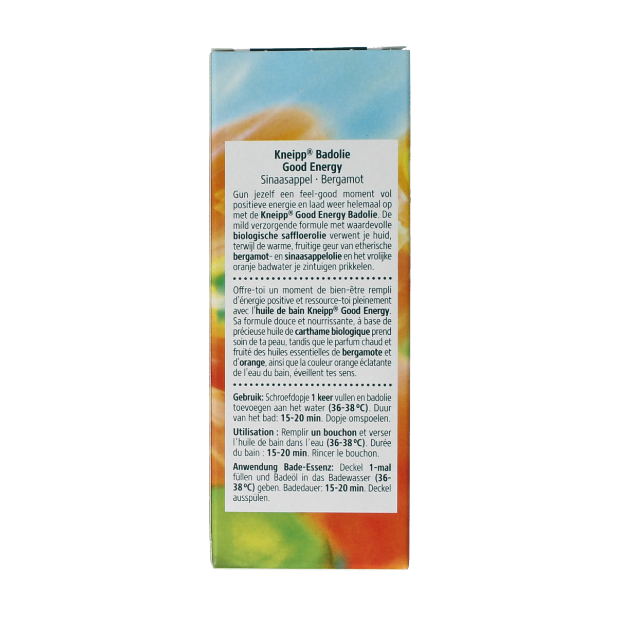 Kneipp Good Energy bath and shower oil in a 100ml bottle, with a natural herbal scent and golden oil visible in the image.