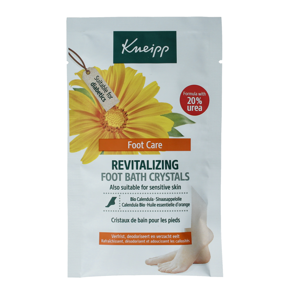 Kneipp revitalizing foot bath crystals in a 40g container, natural foot care product with soothing mineral ingredients.