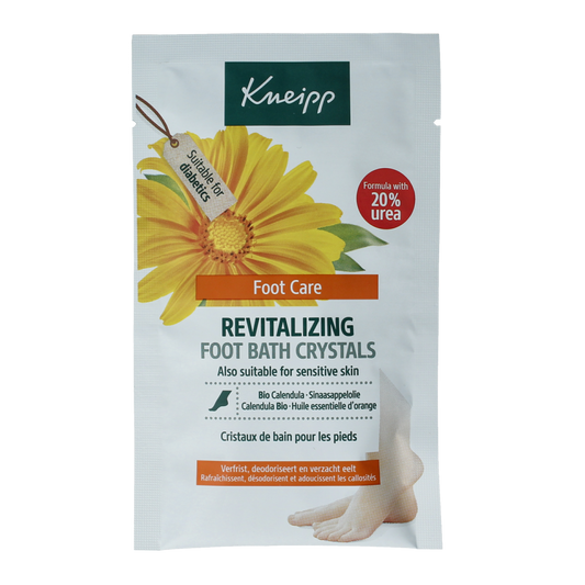 Kneipp revitalizing foot bath crystals in a 40g container, natural foot care product with soothing mineral ingredients.