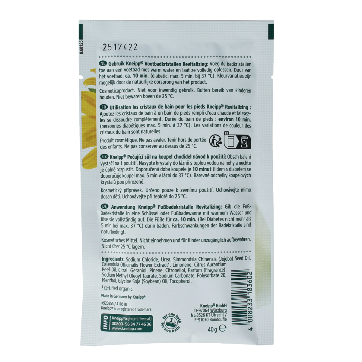 Kneipp revitalizing foot bath crystals in 40g package, natural foot care product for soothing and refreshing feet.