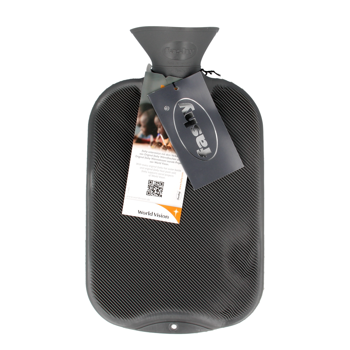 Fashy Kruik warmwater zak in antraciet with ribbel design, 2-liter capacity for hot water storage.