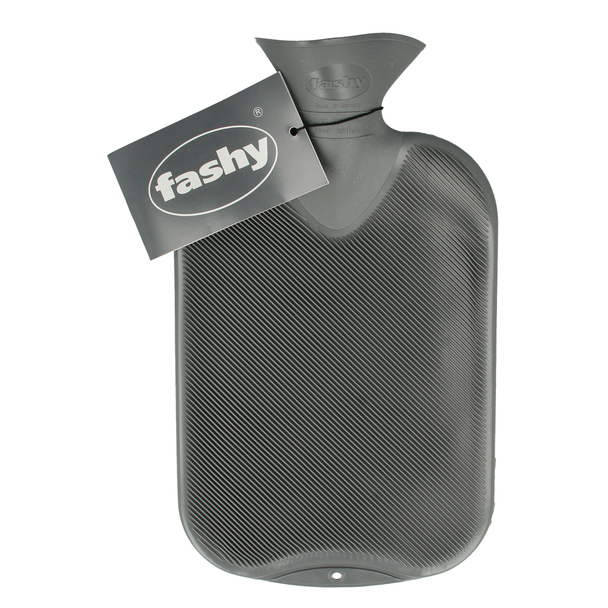 Fashy warmwater kruik in antraciet met dubbele ribbel, 2-liter capacity, soft fabric cover, designed for heat retention and comfort.