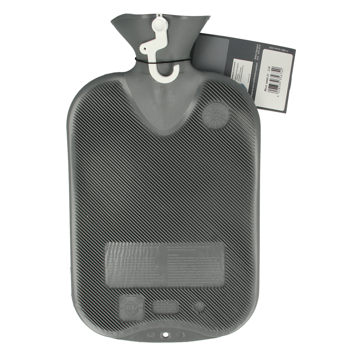 Fashy Kruik warmwater zak in antraciet with double ribbel texture, 2-liter capacity, designed for comfort and heat retention.