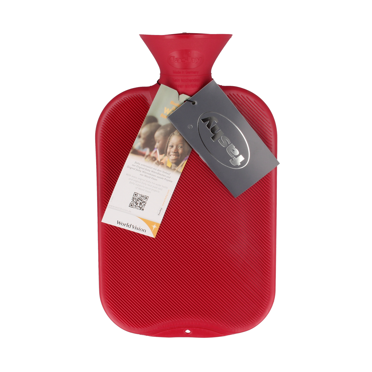 Fashy cranberry-colored 2-liter warm water bottle with ribbed design, made for soothing comfort and heat retention.