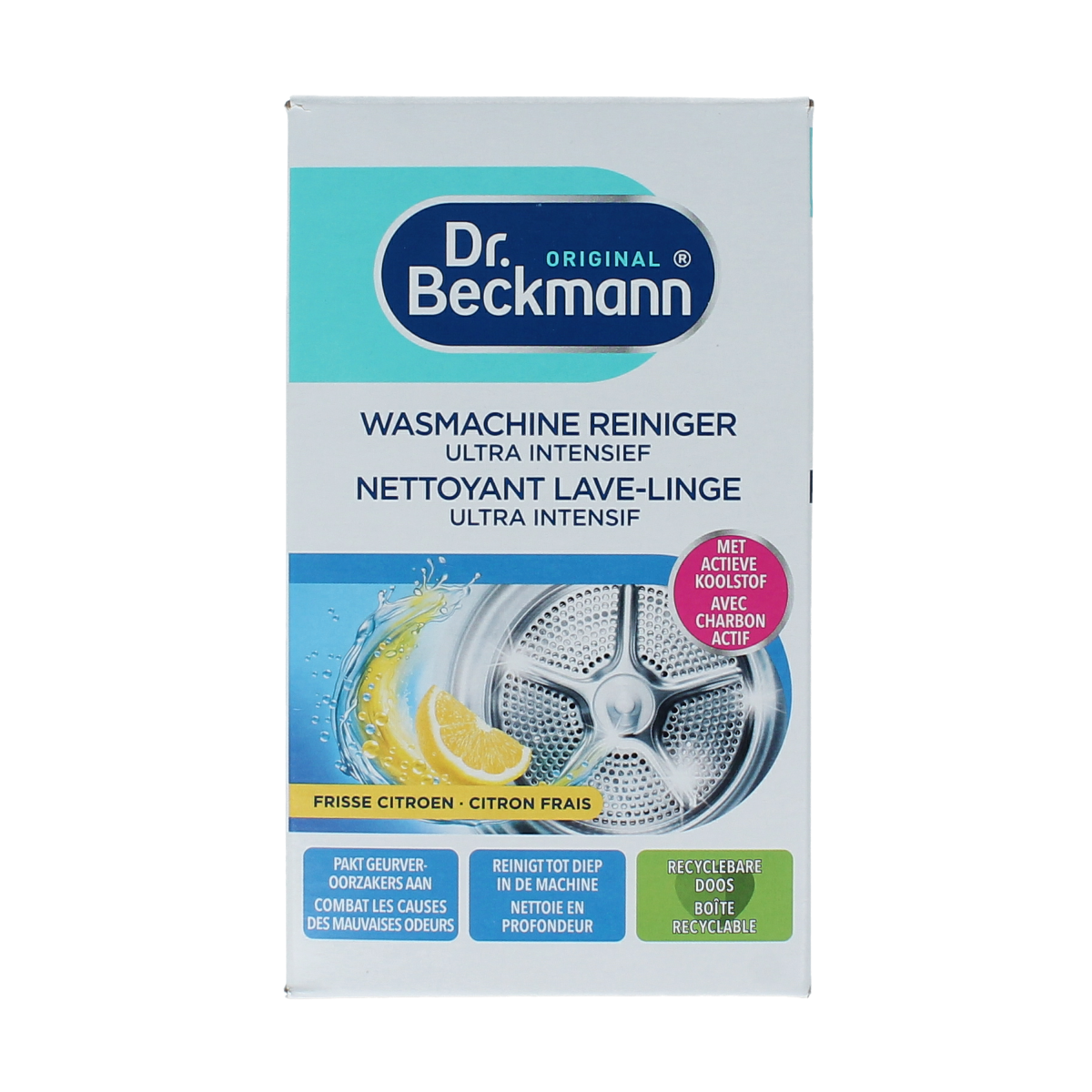 Dr. Beckmann washing machine cleaner 250g packet showing the cleaning product for laundry machines