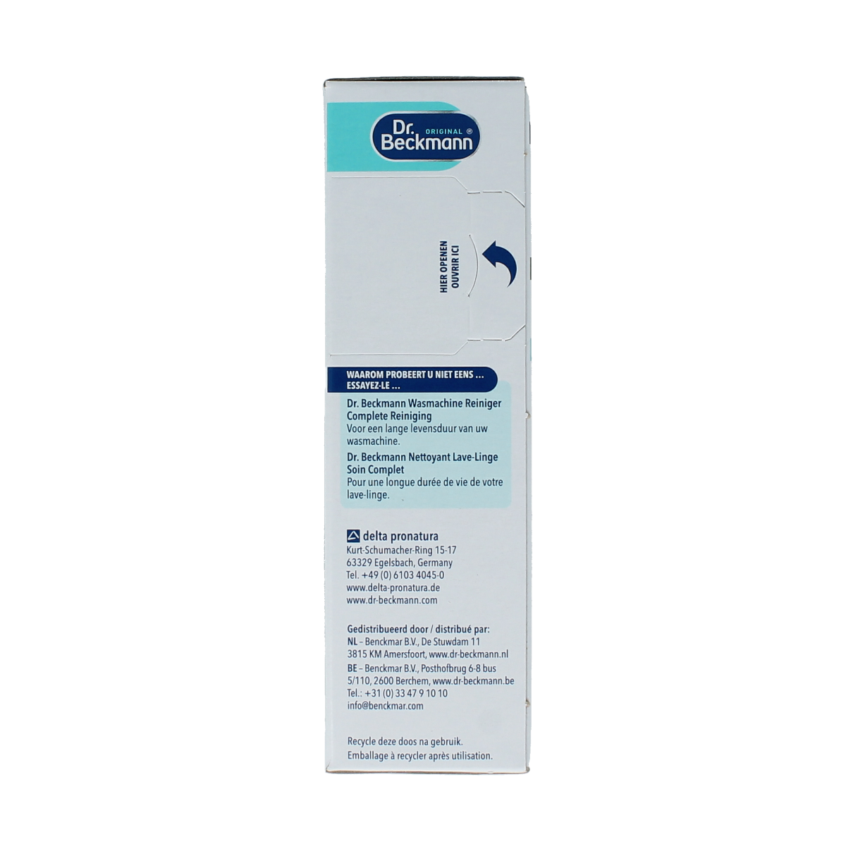 Dr. Beckmann washing machine cleaner 250g packet, cleaning product for laundry machines, brand logo visible in image.