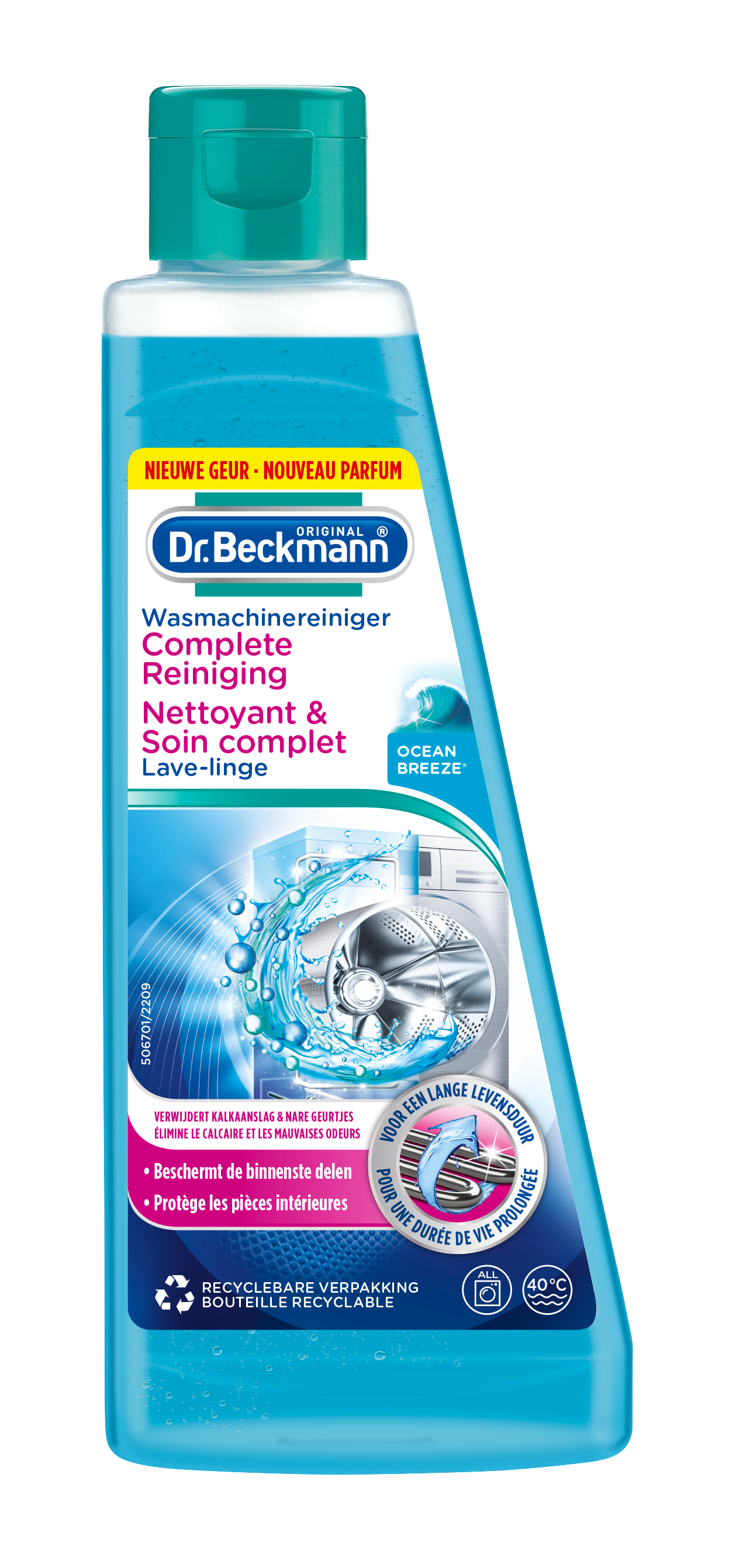 Dr. Beckmann washing machine cleaner bottle showing 250ml capacity for complete cleaning of appliances.