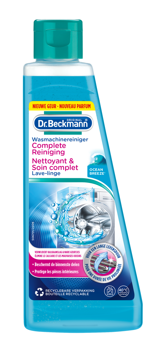 Dr. Beckmann washing machine cleaner bottle showing 250ml capacity for complete cleaning of appliances.