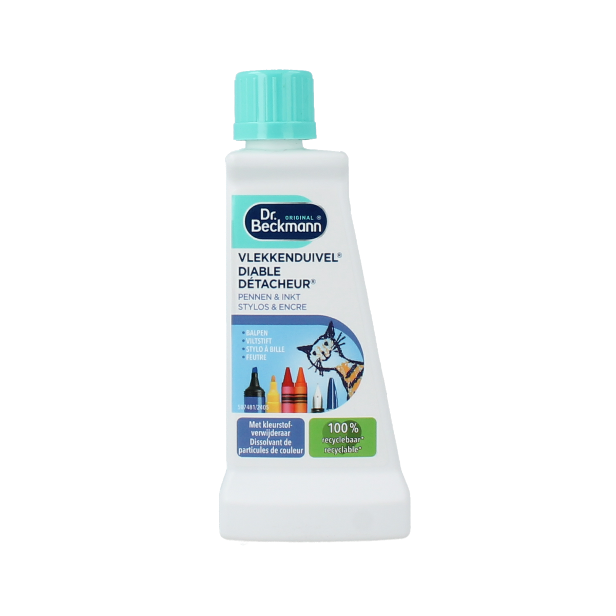 Dr. Beckmann Vlekkenduivel pen and ink stain remover bottle, 50ml cleaning product for fabric stains.