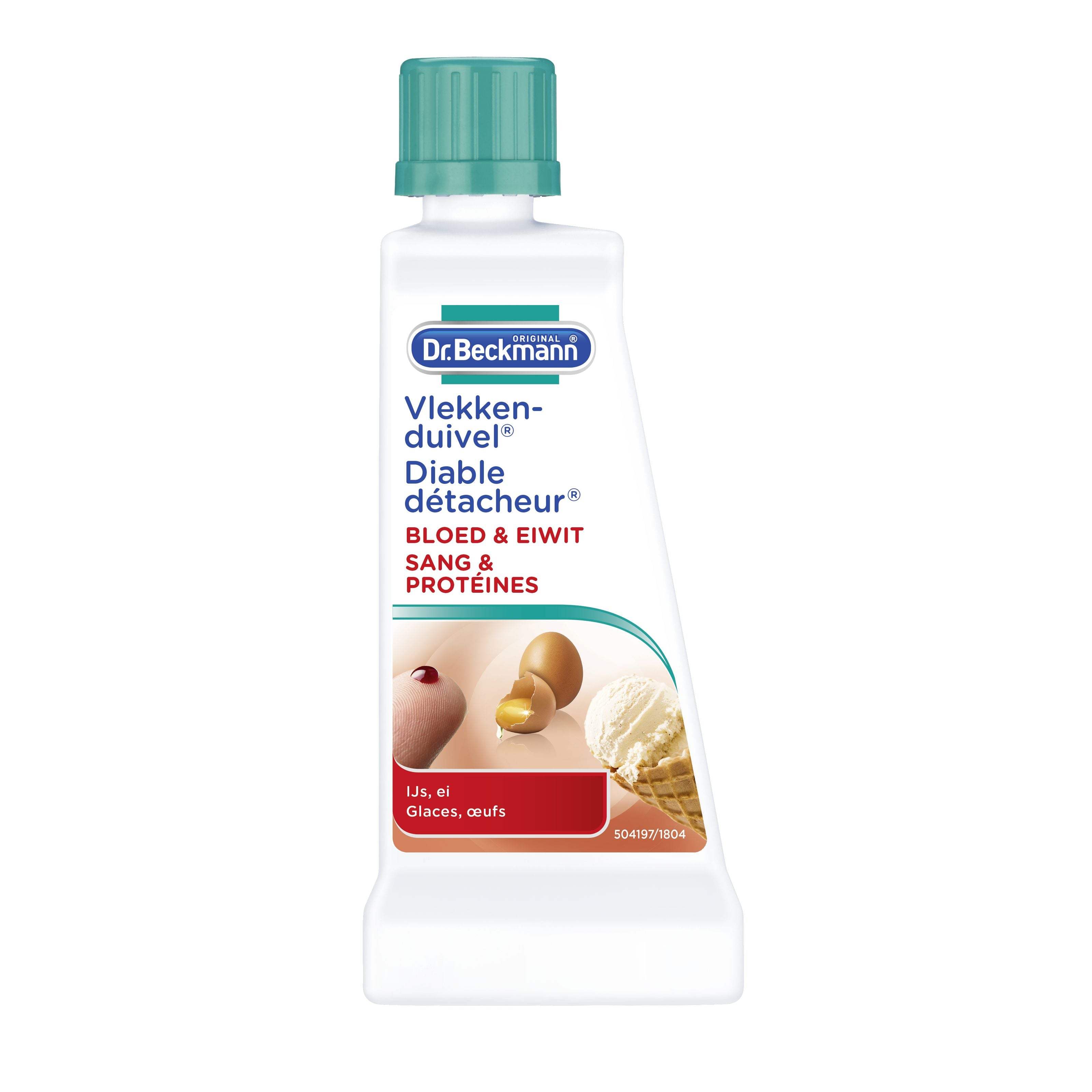Dr.Beckmann Vlekkenduivel bloed en eiwit schoonmaakartikel in 50ml bottle, designed for stain removal from fabrics.