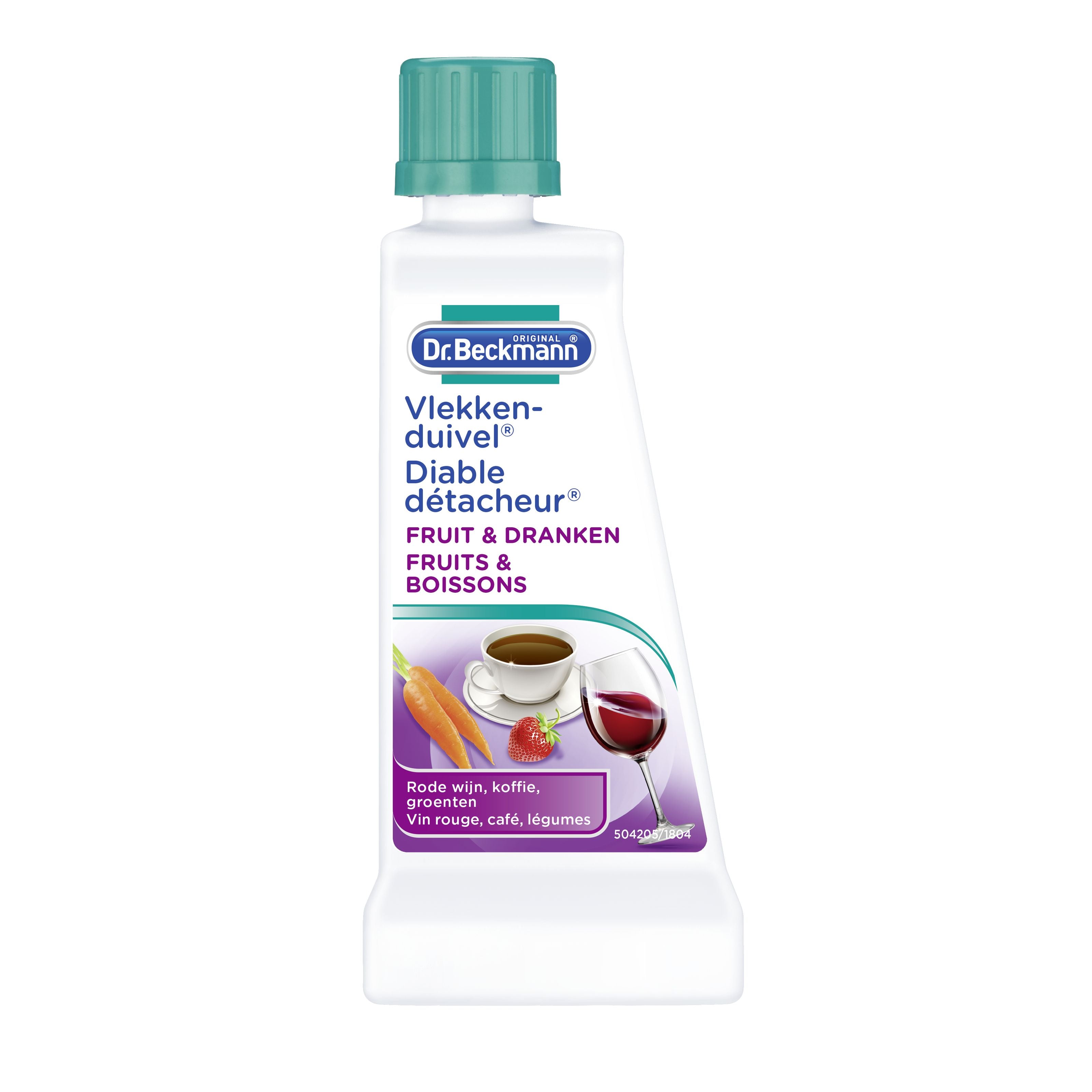 Dr. Beckmann Vlekkenduivel fruit and drink stain remover, 50 grams, in a small container, part of cleaning supplies.