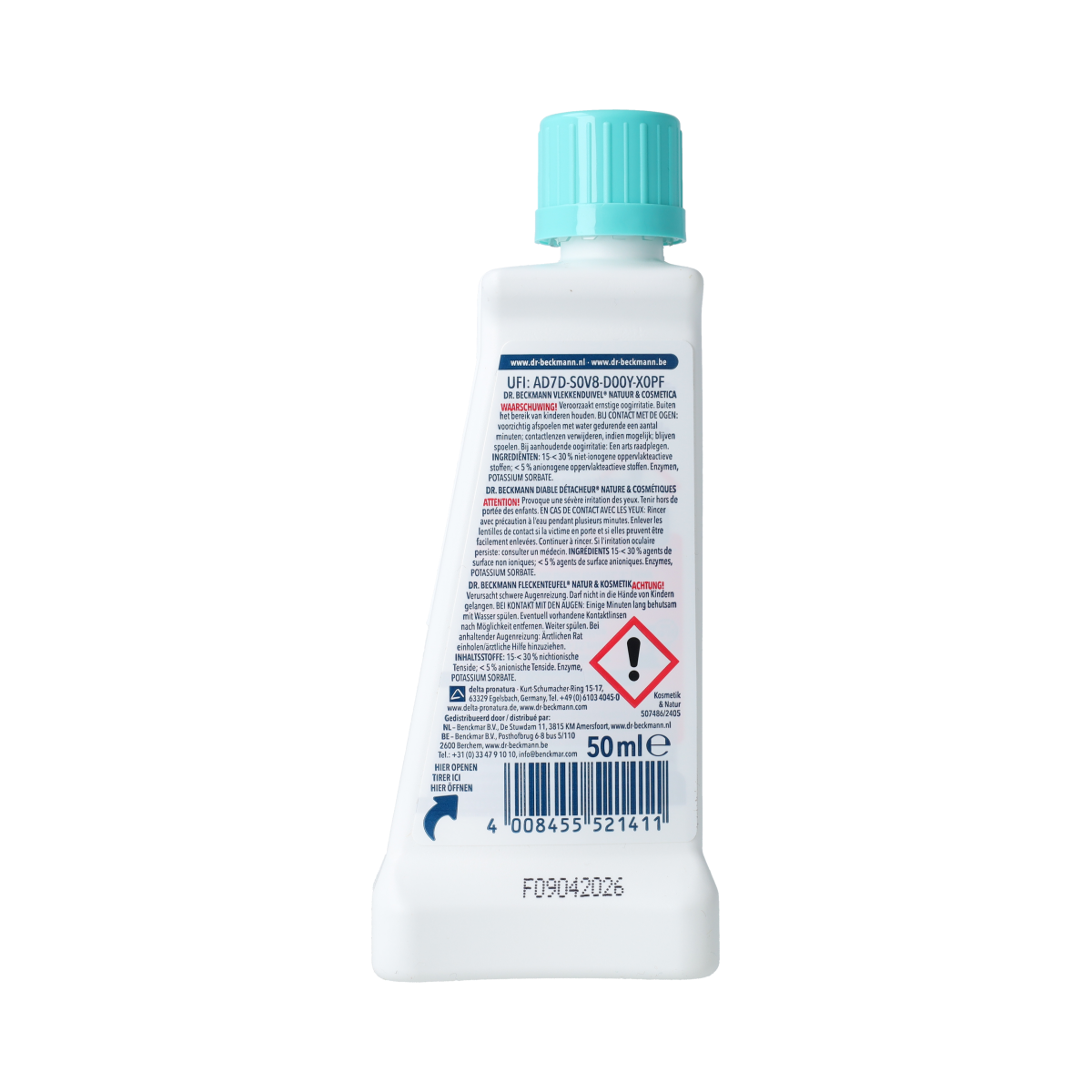 Dr. Beckmann Vlekkenduivel natuur & cosmetica cleaning spray bottle, 50ml for stain removal and fabric care.