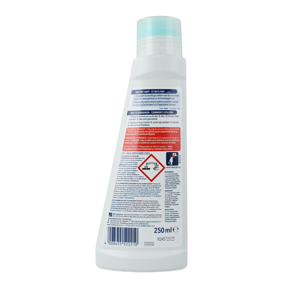 Dr. Beckmann Prewash liquid detergent for laundry, 250ml, in a clear bottle with a white cap