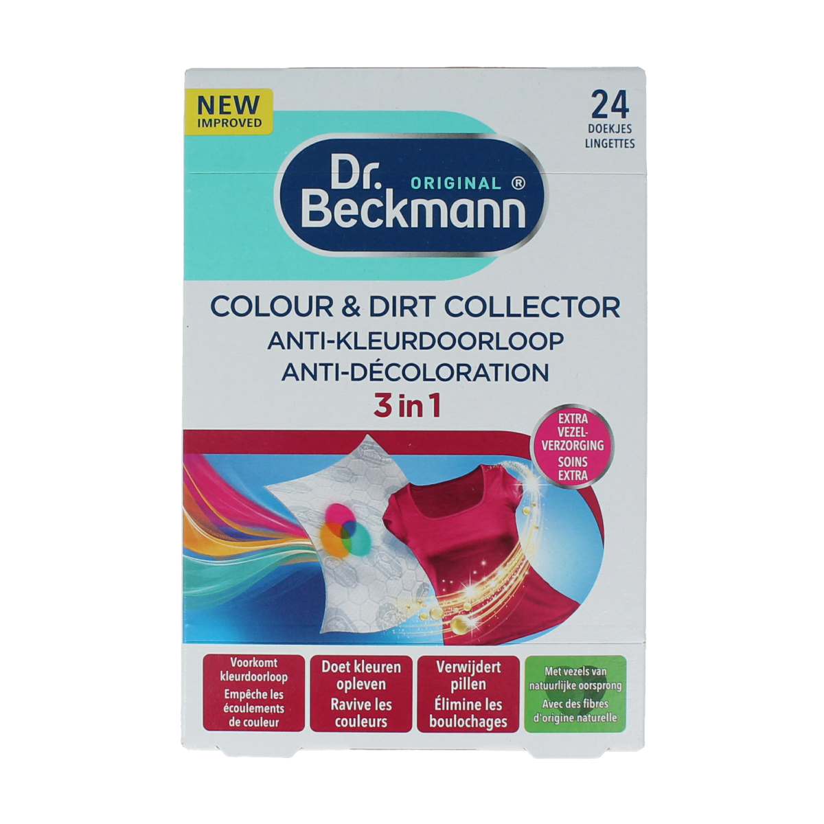 Dr. Beckmann Colour & Dirt Collector laundry sheets, 24-pack, for protecting colors and removing stains during washing.