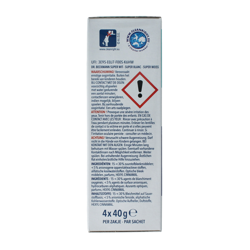 Dr. Beckmann Super Wit laundry detergents, 40g each, in a pack of four, suitable for whitening and stain removal.