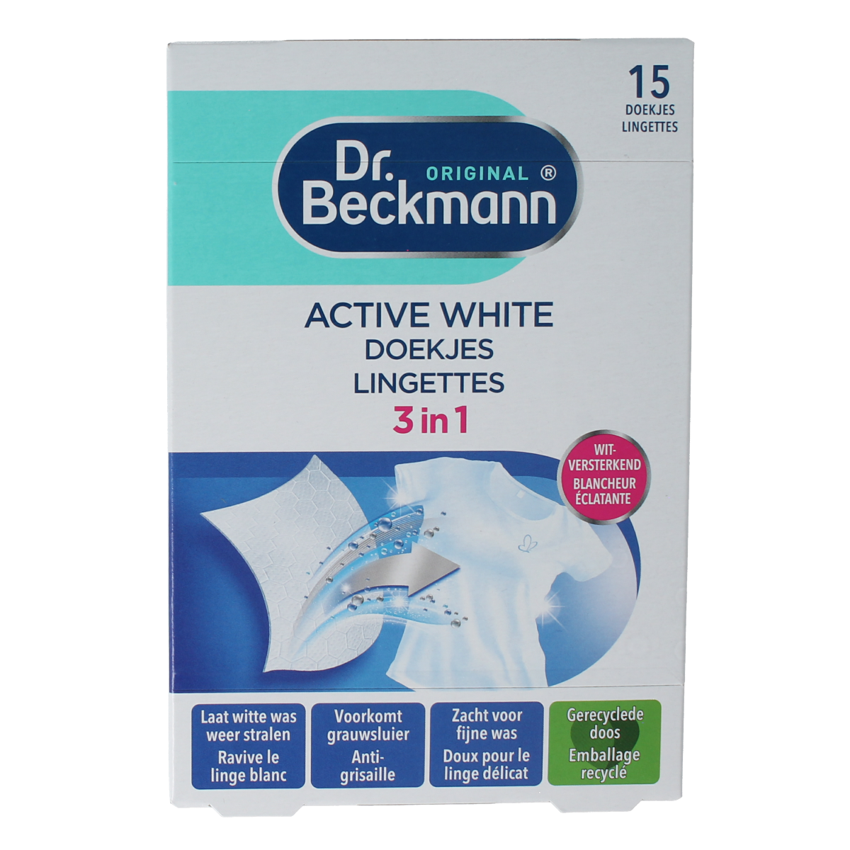 Box of Dr. Beckmann active white laundry wipes with 15 sheets, designed for effective cleaning and stain removal.