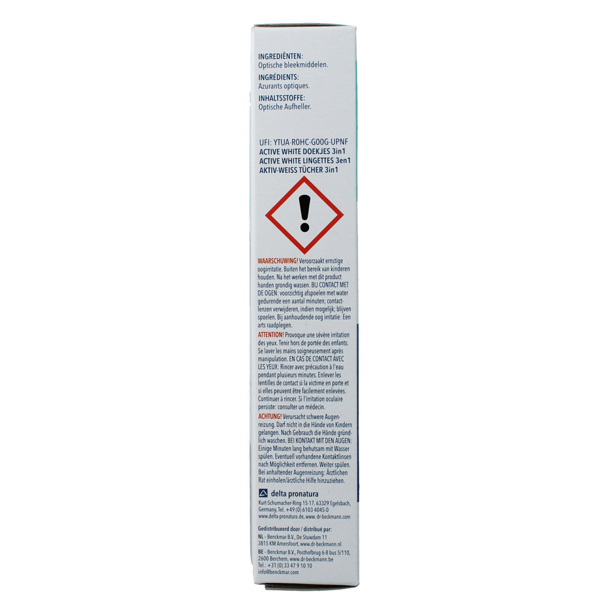 Dr. Beckmann Doekjes active white, pack of 15 stain removal cloths for laundry, designed for whitening and cleaning fabrics.
