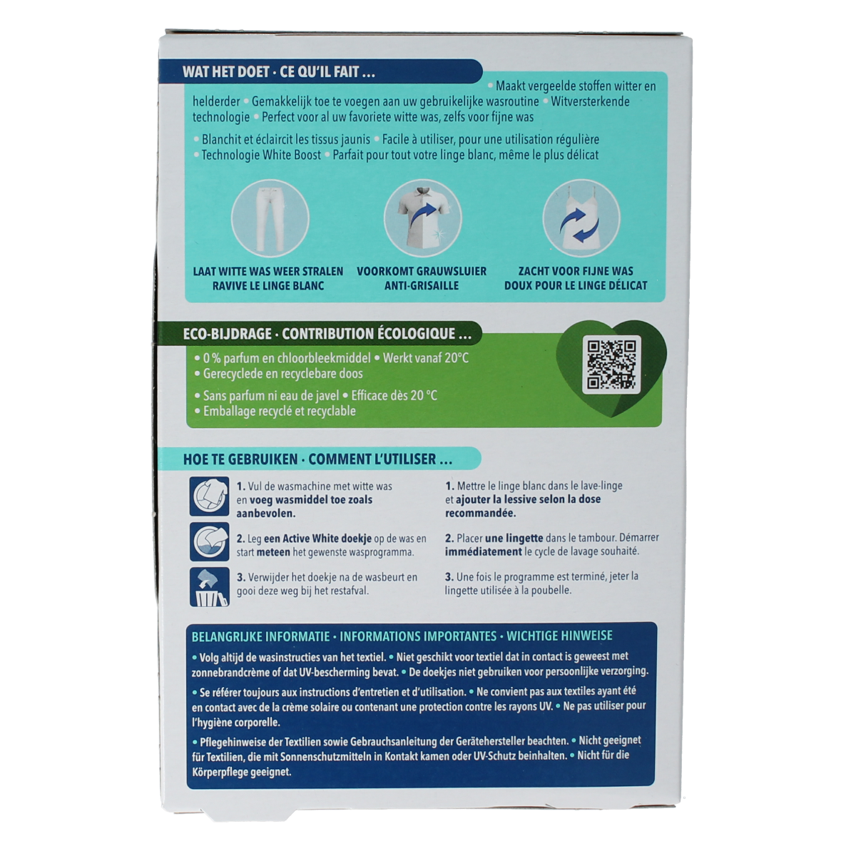 Box of Dr. Beckmann Active White laundry detergent wipes, 15 pieces, in a white and blue packaging for effective cleaning.