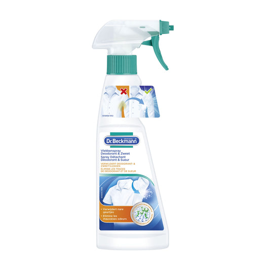 Dr. Beckmann Prewash deodorant and laundry additive in a 250ml bottle, designed to remove sweat and odors from clothing.