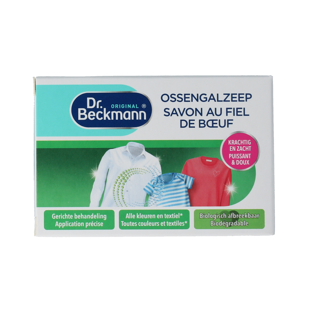 Dr. Beckmann Ossengalzeep 100g, natural animal fat soap for cleaning and laundry, in a white package with branding details.