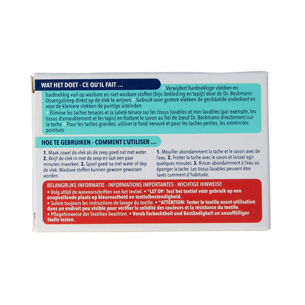 Dr. Beckmann Ossengalzeep 100g, natural laundry soap bar with a white and blue packaging design, suitable for removing animal odors.