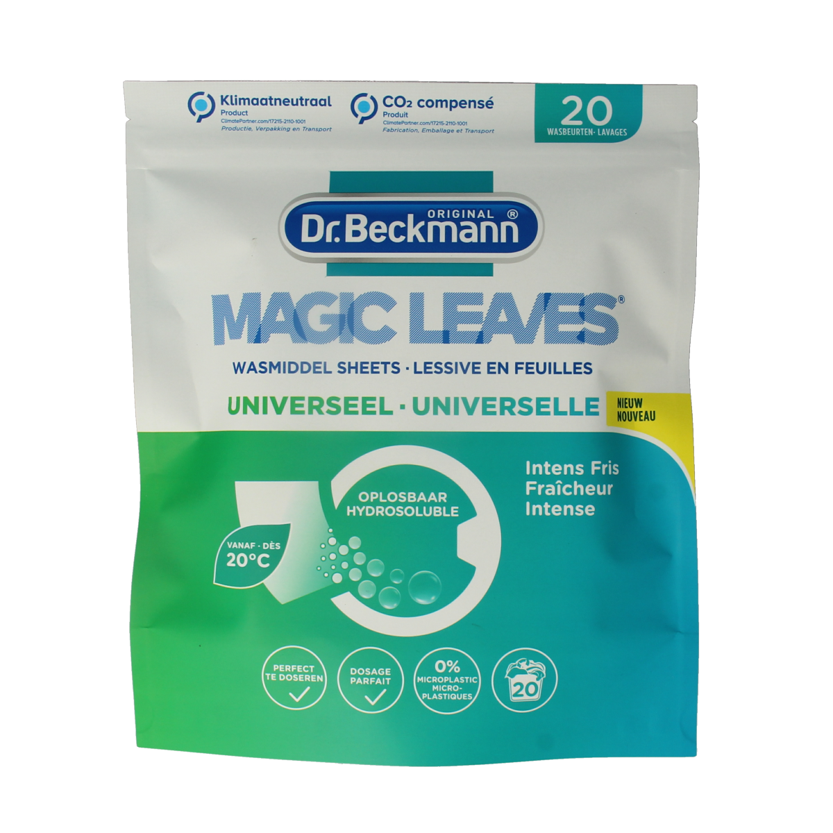Dr. Beckmann Magic Leaves universal laundry detergent pods, 20 pieces, with white and blue capsules, for effective stain removal.