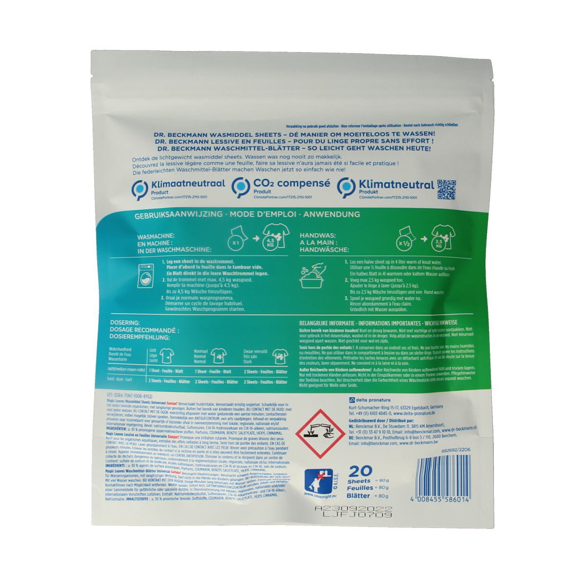Box of 20 Dr. Beckmann Magic Leaves universal laundry detergent sheets, ready for use in washing machines.