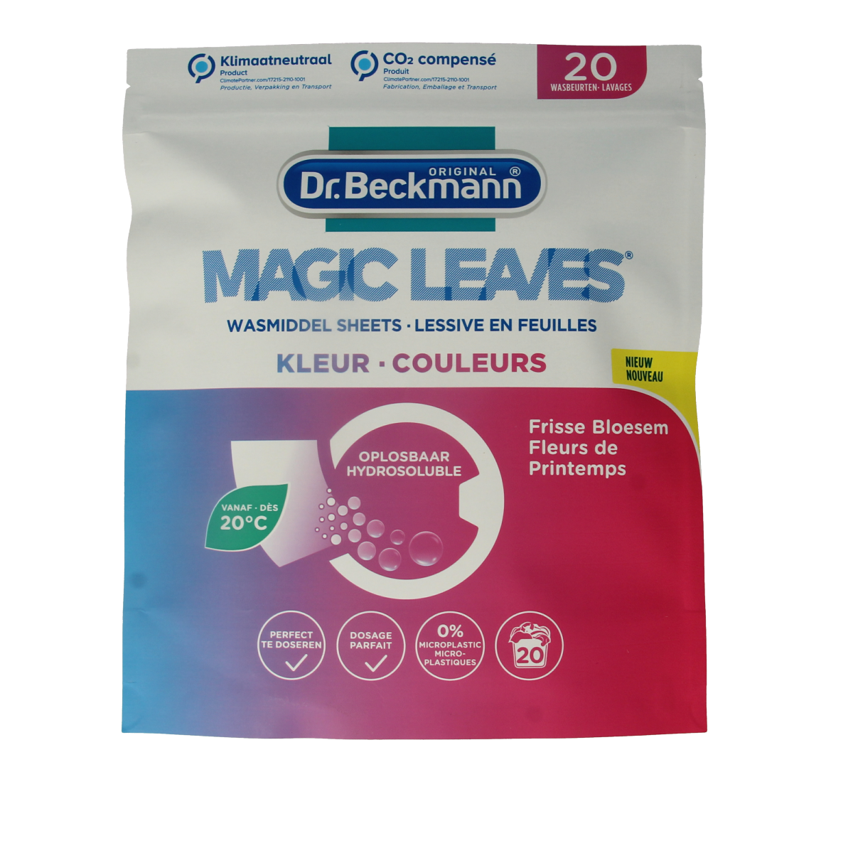 Dr. Beckmann Magic Leaves Colour laundry detergent capsules, 20 pack, for vibrant and clean clothes in a compact wash product.