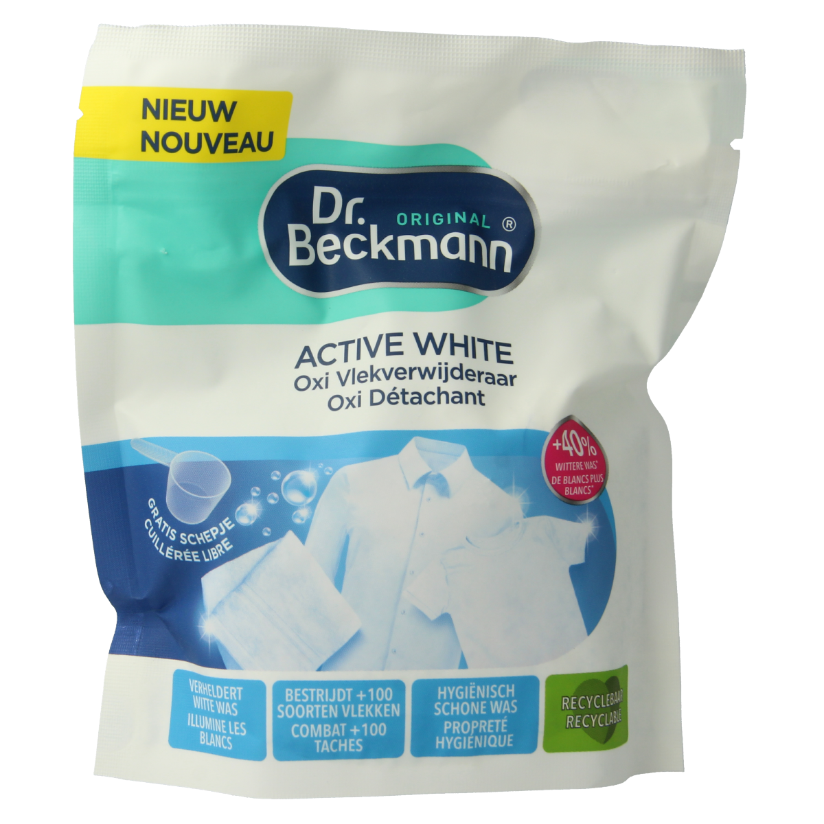 Dr. Beckmann Active White Oxi Vlekverwijderaar in 400g container, a stain remover for white fabrics in laundry.