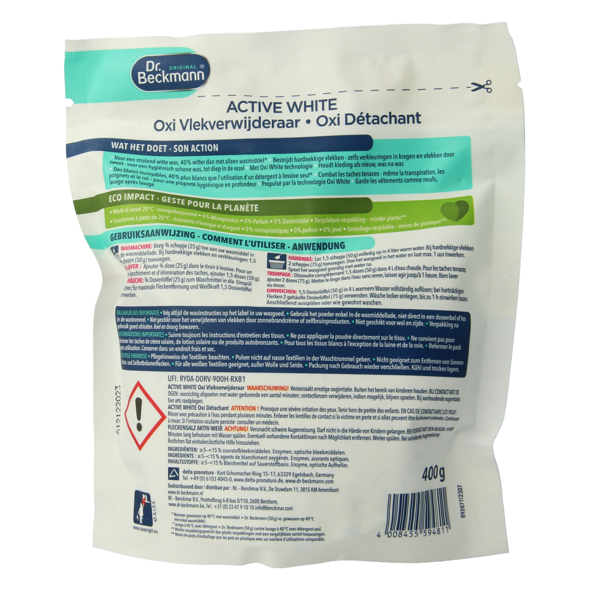 Dr. Beckmann Active white oxi stain remover in 400g container, ideal for whitening and stain removal in laundry.