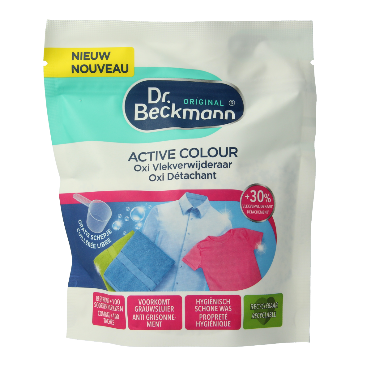 Dr.Beckmann Active Colour Oxi stain remover powder in a 400g package, designed for effective laundry stain removal.