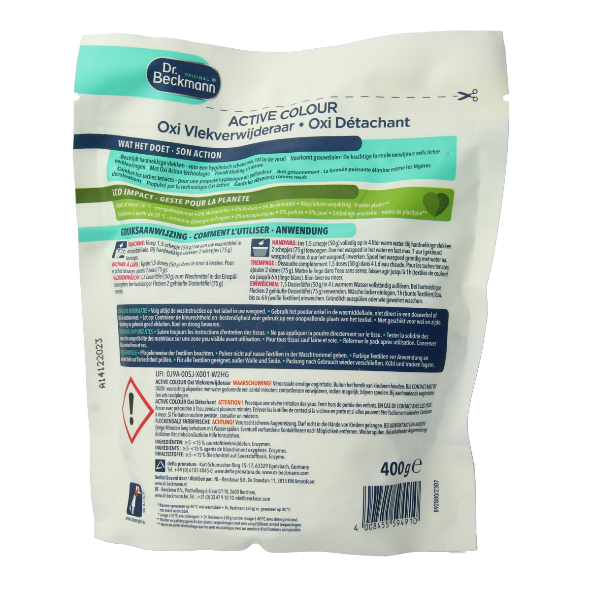 Dr. Beckmann Active Colour Oxi stain remover in 400g packet, effective laundry detergent for removing stains from colored fabrics.