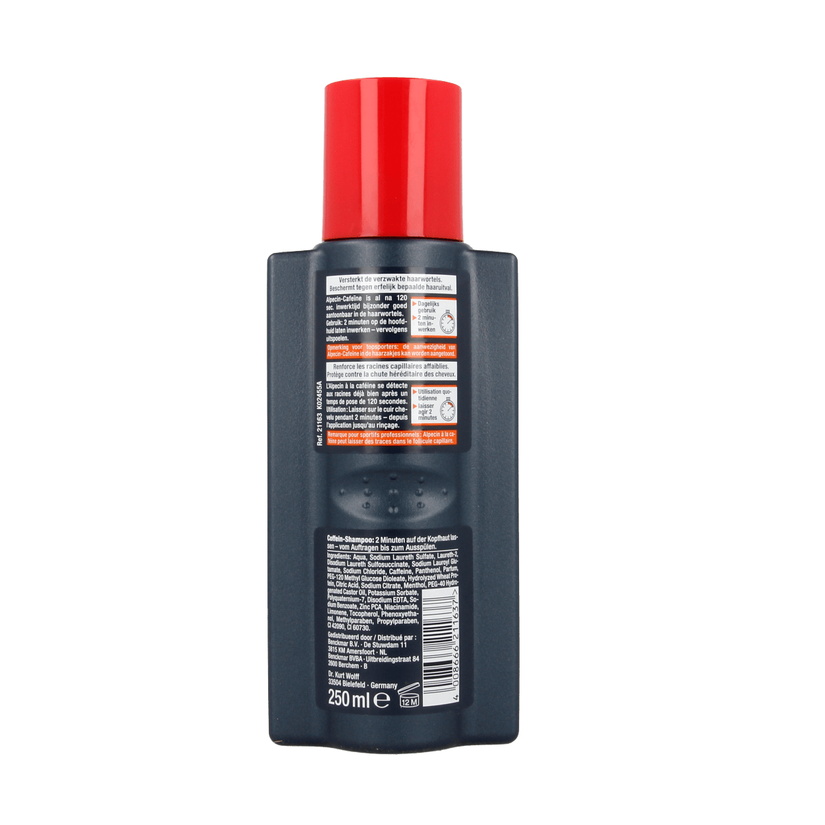 Alpecin Cafeine shampoo C1 for hair care, 250ml bottle, featuring the product label and packaging for hair strengthening.