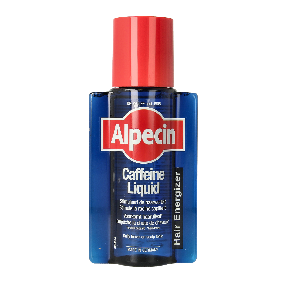 Alpecin Caffeine liquid hair care product in 200ml bottle, designed to strengthen and invigorate scalp and hair.