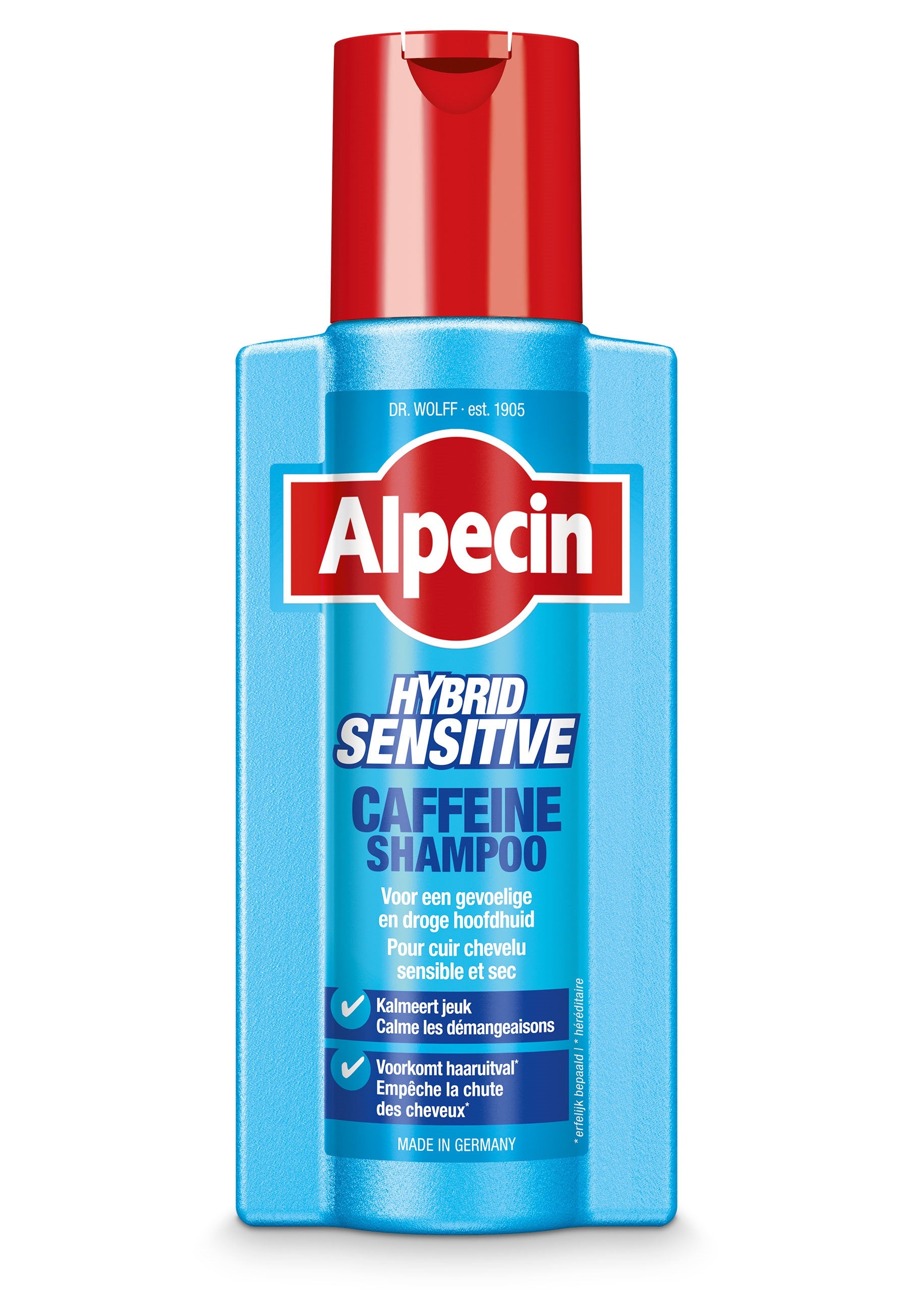 Alpecin caffeine shampoo hybrid 250ml bottle, hair care product with black and blue packaging, for scalp and hair health.