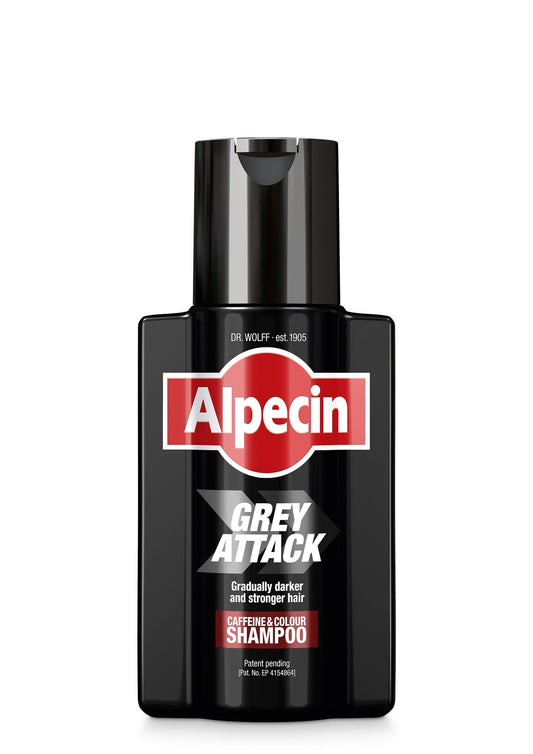 Alpecin Grey Attack shampoo 200ml for hair care, featuring a sleek gray bottle and clean label design.