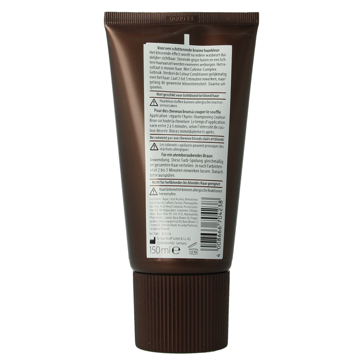 Plantur39 brown hair conditioner bottle, 150ml, for hair care, featuring a brown cap and label, in a close-up shot.
