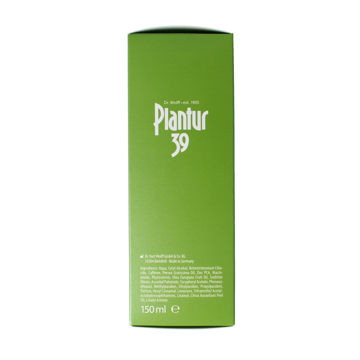 Plantur39 Caffeine conditioner for hair care, 150ml bottle with label, in a natural setting.