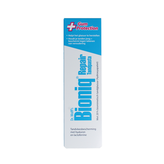 Bioniq Tandpasta Repair Gum Protect toothpaste in 75ml tube, showing the packaging and branding on the tube.